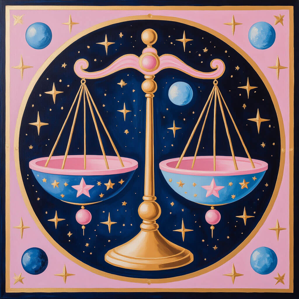 Icône Équilibre: Une balance astrale avec des étoiles suspendues