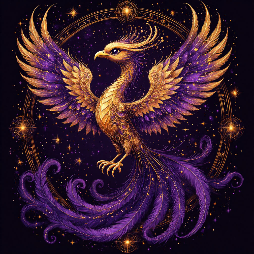 Icône Transformation: Un phénix stylisé dans des tons stellaires